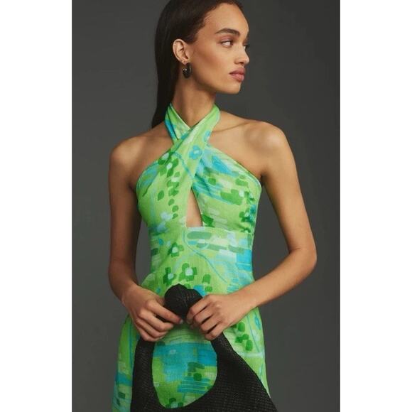 RHODE Paolo Linen Midi Dress Size 8 Retail $495 Tiki Hawaiian Inspired Wrap Neck - Picture 4 of 16